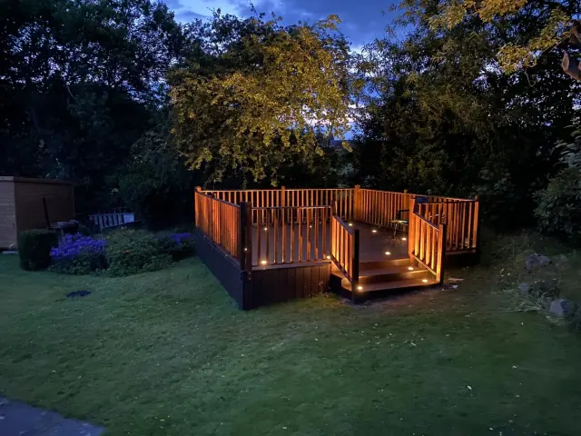 Existing Erskine Electrical Solutions project photograph showing illuminated garden decking.
